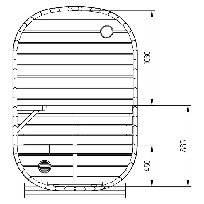 FinnTherm Massivholzsauna Ellipso S -  - Technische Zeichnung eines Fasssauna-Querschnitts mit Innenbänken, Abfluss und Maßen.