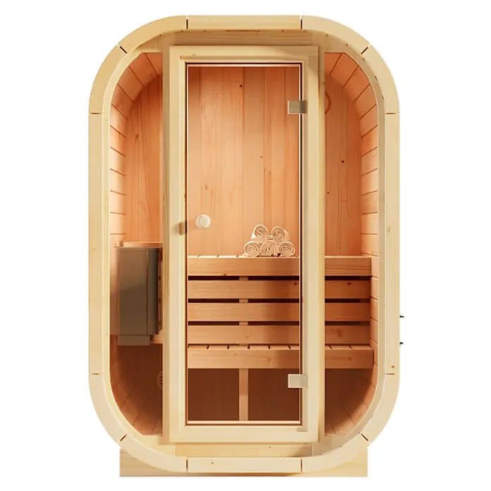FinnTherm Massivholzsauna Ellipso S -  - Helle, ovale Holzsauna mit Glastür, Innenbänken und Heizung.