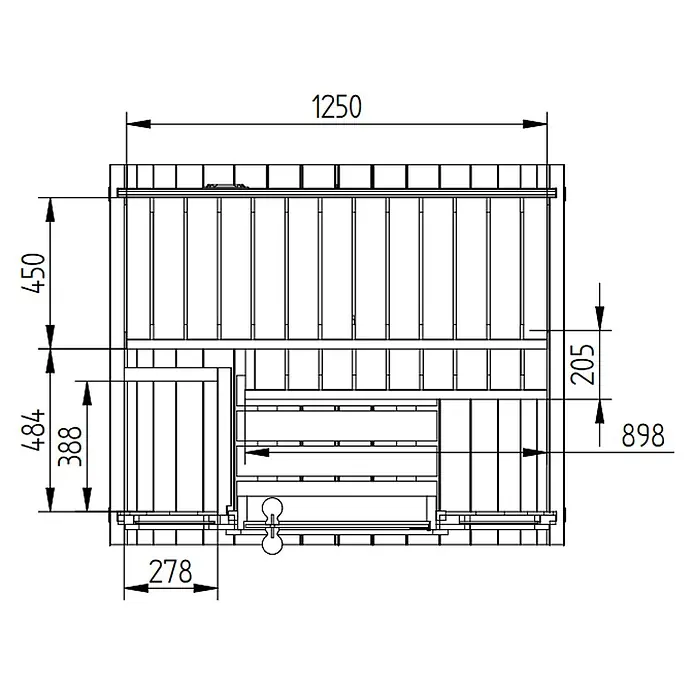 FinnTherm Massivholzsauna Ellipso S -  - Technische Draufsichtzeichnung eines rechteckigen Hochbeets aus Holz, mit markierten Gesamt- und Innenmaßen.