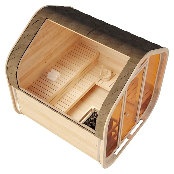 FinnTherm Fasssauna ScandiCube Wave Comfortissimo - Holz, L x B x H: 236 x 237 x 249 cm - Hölzerne Fasssauna mit dunklem Dach, zeigt den Innenraum mit Bänken, Saunaofen und Zubehör.