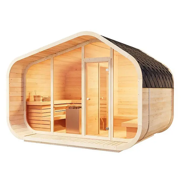 FinnTherm Fasssauna ScandiCube Wave Premium - Holz, L x B x H: 286 x 38 x 264 cm - Moderne helle Holz-Außensauna mit geschwungenem dunklen Schindeldach, Glastür, Innenbänken und Ofen.