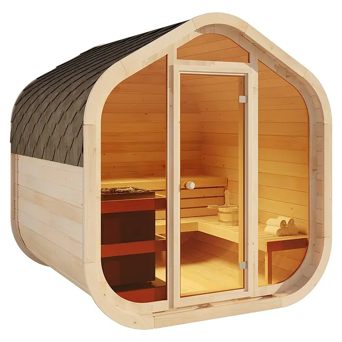 FinnTherm Fasssauna ScandiCube Wave Comfortissimo - Holz, L x B x H: 236 x 237 x 249 cm - Hellholz-Fasssauna mit dunklem Schindeldach, Glastür und Innenausstattung (Heizung, Bänke, Eimer, gerollte Handtücher).