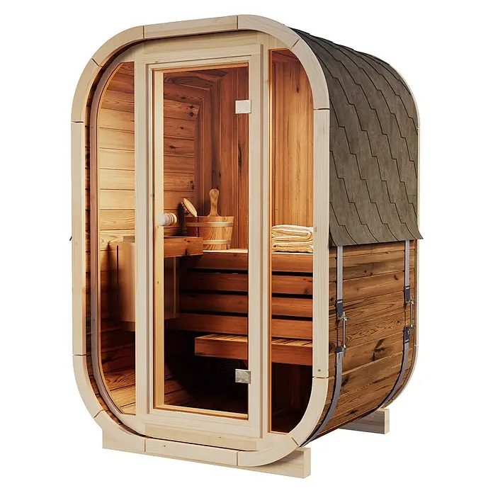FinnTherm Fasssauna Ellipso S - Holz - Hölzerne Fasssauna mit Glastür, Schindeldach, Innenbänken, Eimer und Handtüchern.