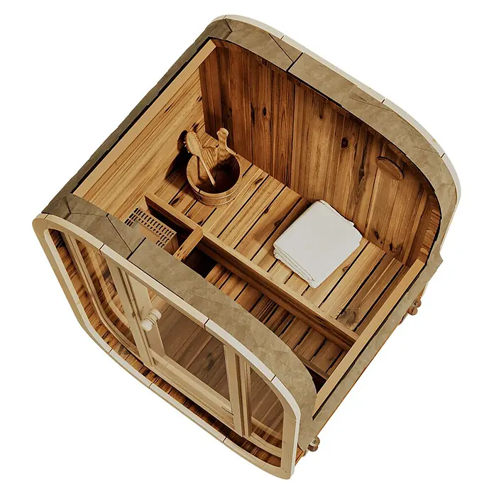 FinnTherm Fasssauna Ellipso S - Holz - Kompakte Holzsauna mit Glastür, Lattenbänken, Heizung, Eimer mit Kelle/Bürste und weißen Handtüchern.