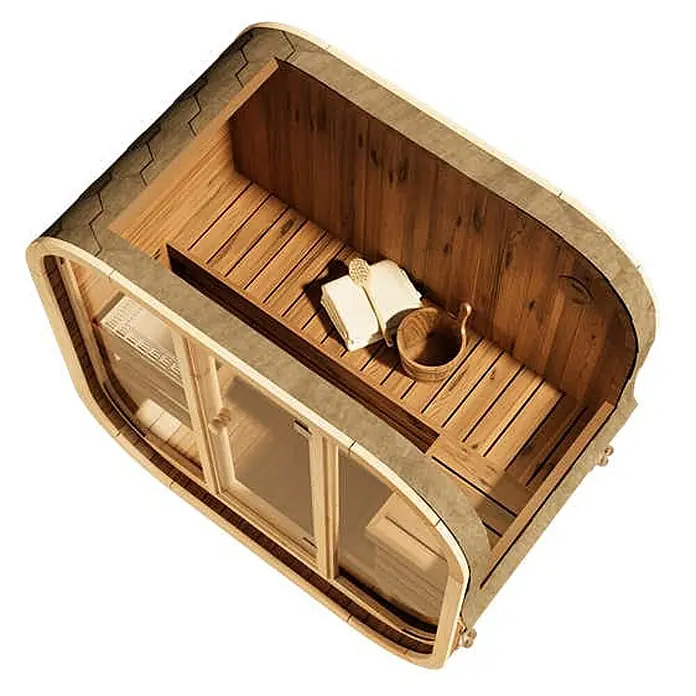 FinnTherm Fasssauna Ellipso M - Holz, L x B x H: 113 x 195 x 210 cm - Gebogene Außensauna mit Holzinterieur, Bänken und Glasfront, innen mit Eimer und Handtüchern.