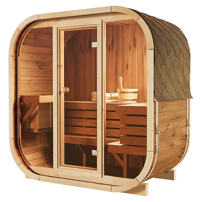 FinnTherm Fasssauna Ellipso M - Holz, L x B x H: 113 x 195 x 210 cm - Helle Holz-Fasssauna mit Glastür, Schindeldach, Innenbänken, Eimer und Kelle.