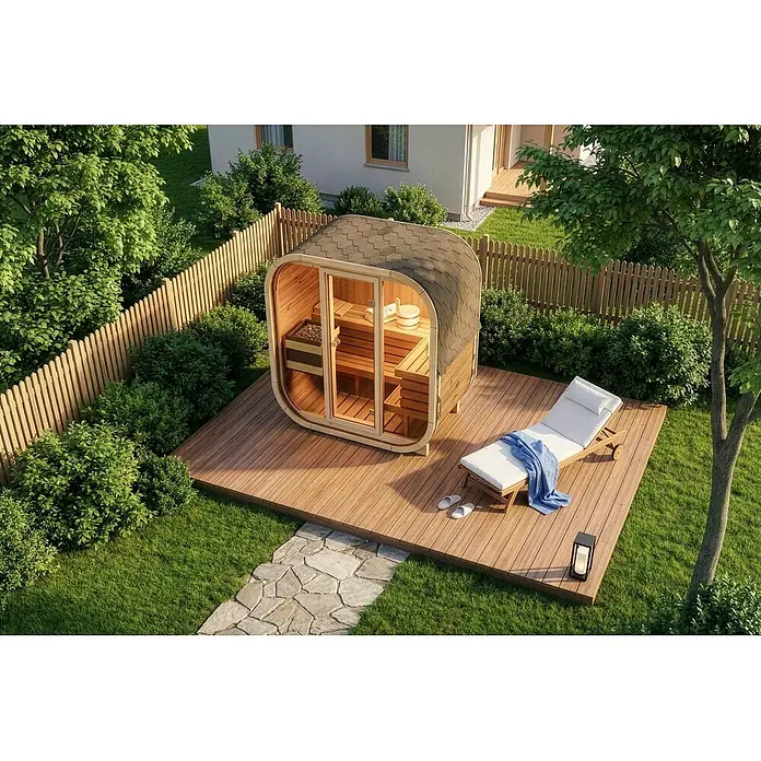 FinnTherm Fasssauna Ellipso M - Holz, L x B x H: 113 x 195 x 210 cm - Hölzerne Fasssauna für den Außenbereich mit dunklem Schindeldach auf einer Terrasse im Garten, mit Sonnenliege in der Nähe.