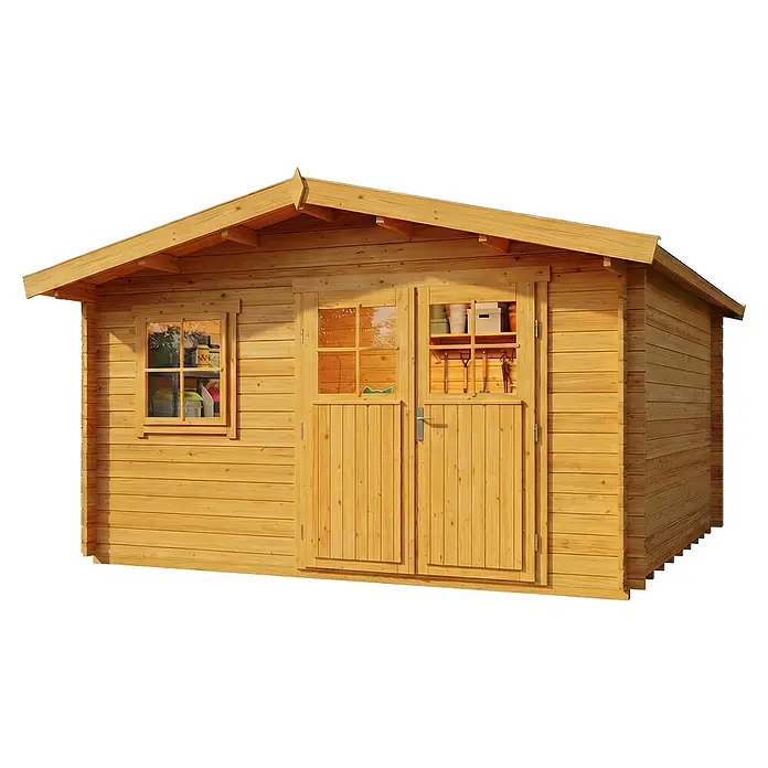 Alpholz Gartenhaus ECO Set Valeria imprägniert - Außenmaß inkl. Dachüberstand (B x T): 438 x 427 cm, Holz, Pinie - Helles Gartenhaus aus Holz mit Giebeldach, Fenster und Doppeltüren, die Gartengeräte und Aufbewahrung zeigen.