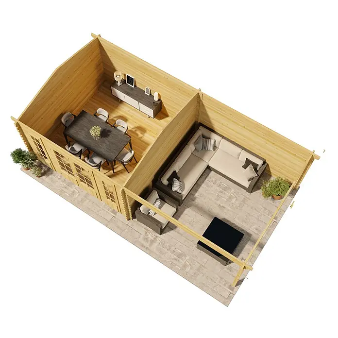 Alpholz Gartenhaus Freiburg - Außenmaß inkl. Dachüberstand (B x T): 756 x 400 cm, Holz, Pinie - Blockbohlenhaus aus Holz mit offenem Essbereich und integrierter Außenlounge, das einen vielseitigen Innen- und Außenwohnbereich zeigt.