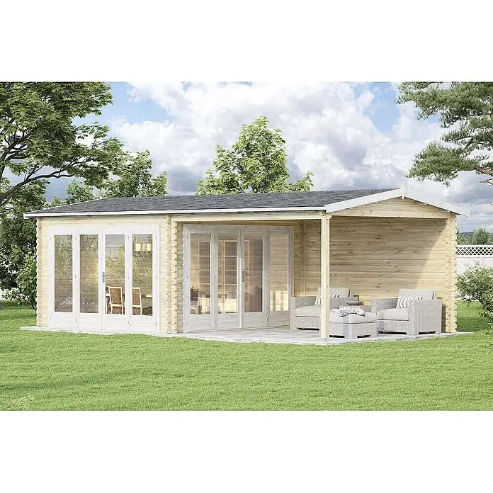 Alpholz Gartenhaus Freiburg - Außenmaß inkl. Dachüberstand (B x T): 756 x 400 cm, Holz, Naturbelassen - Geräumiges Gartenhaus aus Holz mit Glas-Falttüren und integriertem überdachten Terrassenbereich mit Sitzgelegenheiten.