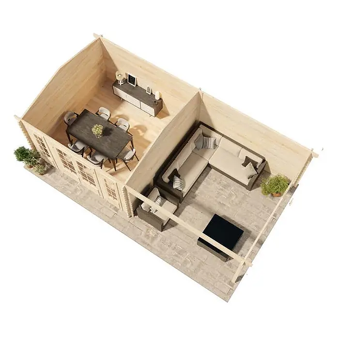 Alpholz Gartenhaus Freiburg - Außenmaß inkl. Dachüberstand (B x T): 756 x 400 cm, Holz, Naturbelassen - Eine Draufsicht auf den möblierten Innenraum einer Holzhütte mit Essbereich (Tisch, Stühle) und Wohnbereich (Ecksofa, Couchtisch).