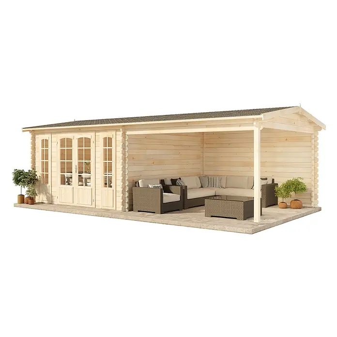Alpholz Gartenhaus Freiburg - Außenmaß inkl. Dachüberstand (B x T): 756 x 400 cm, Holz, Naturbelassen - Gartenhaus aus Holz mit überdachter Veranda, ausgestattet mit Doppeltüren und Outdoor-Lounge-Möbeln.