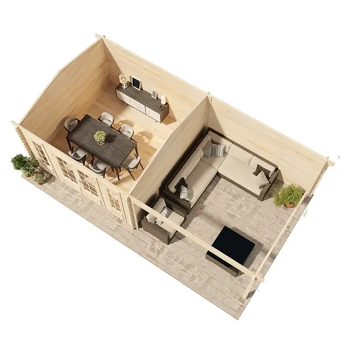 Alpholz Gartenhaus Freiburg - Außenmaß inkl. Dachüberstand (B x T): 756 x 400 cm, Holz, Naturbelassen - Draufsicht auf ein helles Holzblockhaus mit Essbereich innen und Lounge-Terrasse außen.