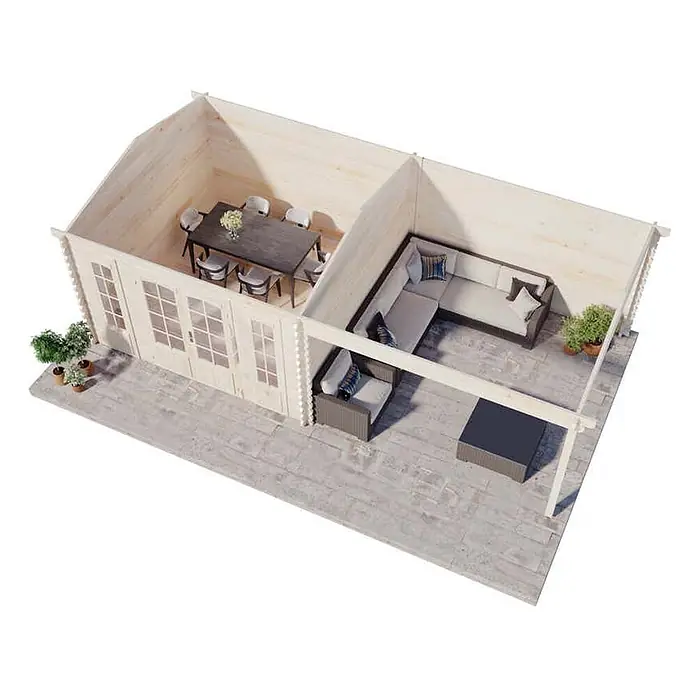 Alpholz Gartenhaus Freiburg - Außenmaß inkl. Dachüberstand (B x T): 756 x 400 cm, Holz, Naturbelassen - Zweiraum-Holzblockhaus mit Essbereich und Loungebereich, der zu einer Außenterrasse führt.