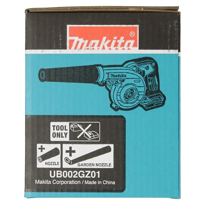 Makita XGT 40V max. Akku-Gebläse UB002GZ01 - 40 V, Ohne Akku, Blasgeschwindigkeit: 99 m/s - Makita Laubbläser-Verpackung, Modell UB002GZ01, mit Hinweis "Nur Gerät" und Düsen.