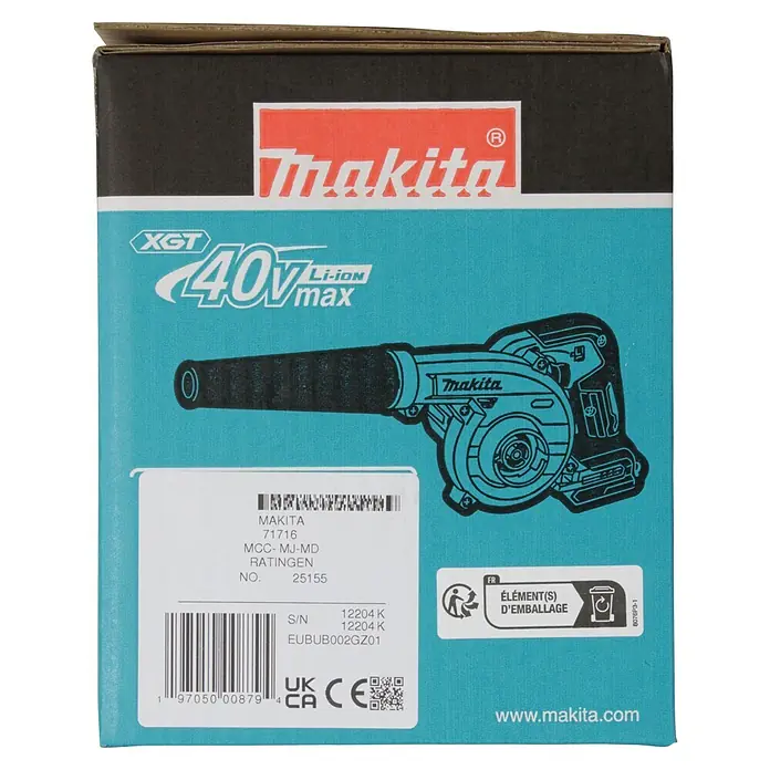 Makita XGT 40V max. Akku-Gebläse UB002GZ01 - 40 V, Ohne Akku, Blasgeschwindigkeit: 99 m/s - Makita XGT 40V max Akku-Gebläse auf seiner blau-dunkelgrauen Produktverpackung abgebildet.