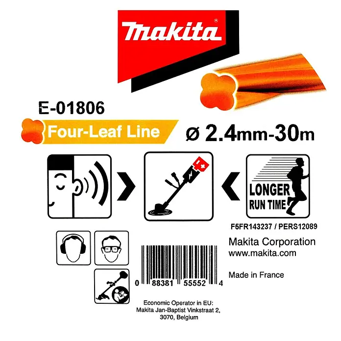 Makita Ersatzfaden Four-Leaf E-01806 - Fadenlänge: 30 m, Fadenstärke: 2,4 mm - Makita E-01806 Vierblatt-Trimmerfaden, 2,4mm Durchmesser, 30m Länge, für längere Laufzeit und geringere Geräuschentwicklung.