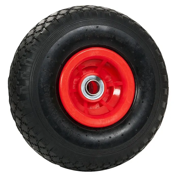 Pro-Bau-Tec Sackkarren-Ersatzrad PU Pannensicher - Durchmesser: 260 mm, Kunststoff - Schwarzes Gummirad mit roter Kunststoffnabe und Silberlager, passend für Karren oder Handwagen.