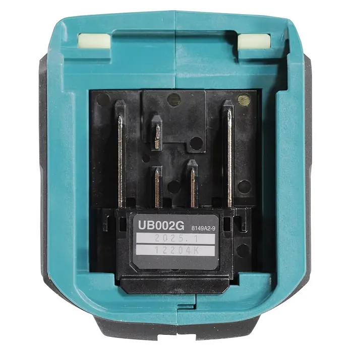 Makita XGT 40V max. Akku-Gebläse UB002GZ01 - 40 V, Ohne Akku, Blasgeschwindigkeit: 99 m/s - Türkiser Akkuanschluss mit schwarzem Kontaktblock, Metallstiften und weißen Arretierlaschen, zeigt Produktinfos.