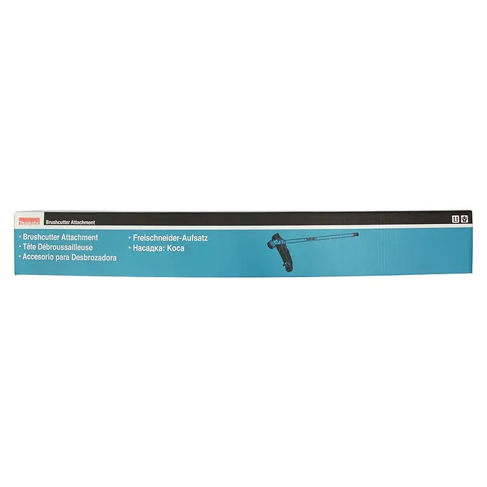 Makita Rasentrimmeraufsatz EM404MP - Passend für: 255 mm Kunststoff-Messerkopf 255 mm, 230 mm Metallschneideblatt oder 420 mm Fadenkopf - Makita Freischneider-Aufsatz auf hellblauer und schwarzer Verpackung.