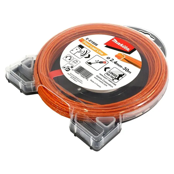 Makita Ersatzfaden Four-Leaf E-01806 - Fadenlänge: 30 m, Fadenstärke: 2,4 mm - Makita orange 2,4mm 30m Four-Leaf Line Trimmerfaden auf Spule in transparenter Kunststoffverpackung, für längere Laufzeit.