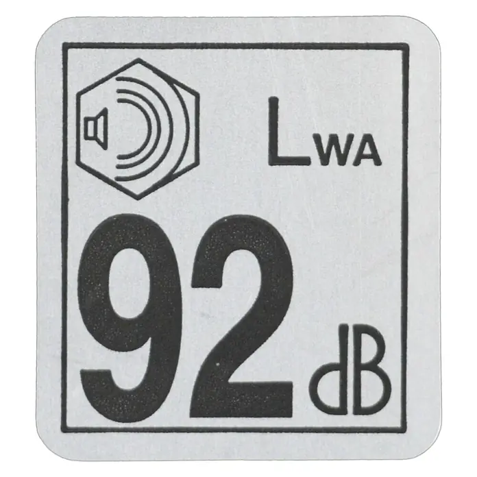 Makita XGT 40V max. Akku-Gebläse UB002GZ01 - 40 V, Ohne Akku, Blasgeschwindigkeit: 99 m/s - Ein Etikett mit einem garantierten Schallleistungspegel von 92 dB und einem Lautsprechersymbol.