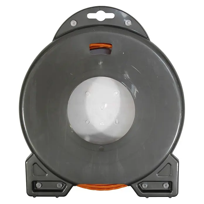 Makita Ersatzfaden Four-Leaf E-01806 - Fadenlänge: 30 m, Fadenstärke: 2,4 mm - Dunkelgraue Kunststoff-Schlauchhaspel mit sichtbarem orangefarbenem Schlauch und Aufhängeschlitz.