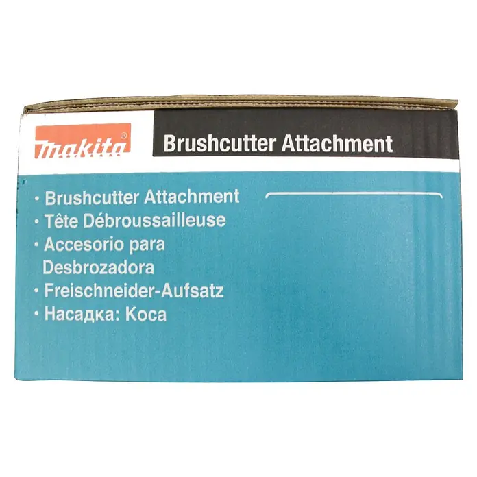 Makita Rasentrimmeraufsatz EM404MP - Passend für: 255 mm Kunststoff-Messerkopf 255 mm, 230 mm Metallschneideblatt oder 420 mm Fadenkopf - Makita Freischneider-Aufsatz Verpackung mit Produktnamen in mehreren Sprachen.