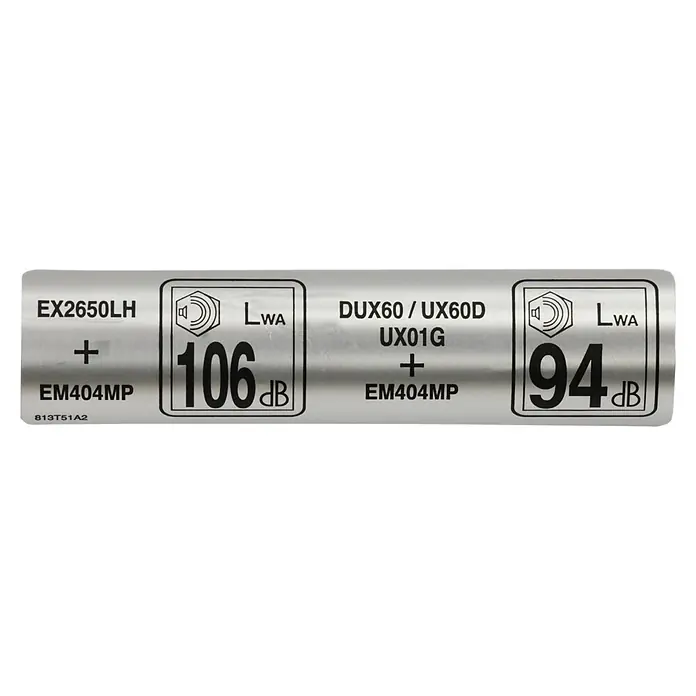 Makita Rasentrimmeraufsatz EM404MP - Passend für: 255 mm Kunststoff-Messerkopf 255 mm, 230 mm Metallschneideblatt oder 420 mm Fadenkopf - Silbernes Etikett mit Schallleistungspegeln (Lwa) für Gerätemodelle EX2650LH (106 dB) und DUX60/UX60D/UX01G (94 dB) mit EM404MP.