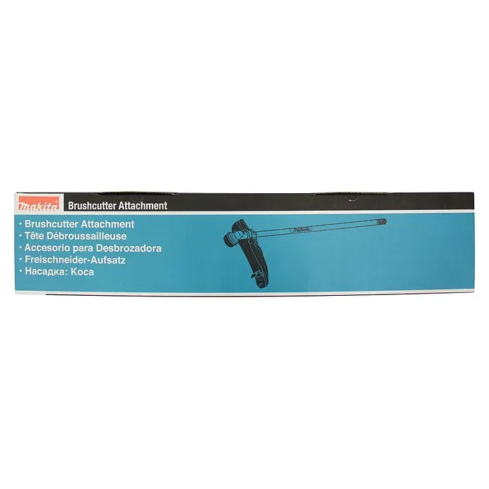 Makita Rasentrimmeraufsatz EM404MP - Passend für: 255 mm Kunststoff-Messerkopf 255 mm, 230 mm Metallschneideblatt oder 420 mm Fadenkopf - Makita Freischneider-Aufsatz Verpackung mit Produktillustration.