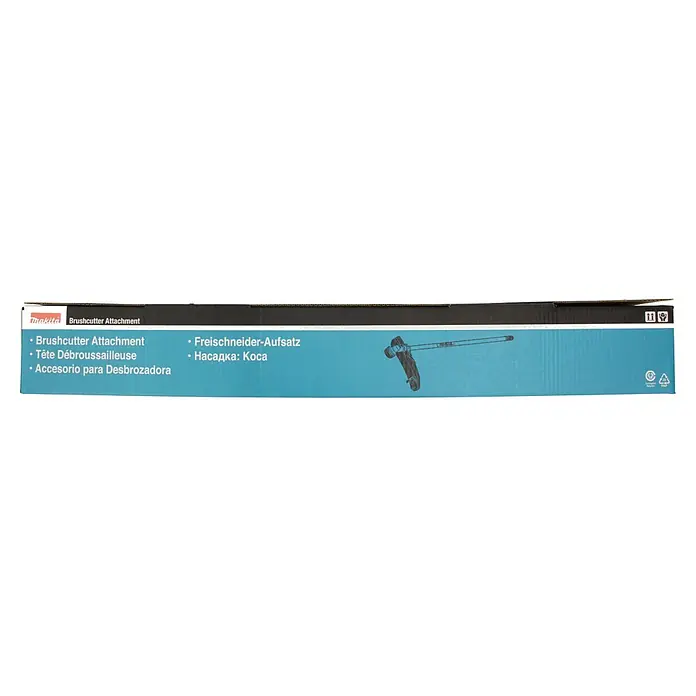 Makita Rasentrimmeraufsatz EM404MP - Passend für: 255 mm Kunststoff-Messerkopf 255 mm, 230 mm Metallschneideblatt oder 420 mm Fadenkopf - Verpackung für Makita Freischneider-Aufsatz, hellblauer und schwarzer Karton mit Produktnamen in mehreren Sprachen.