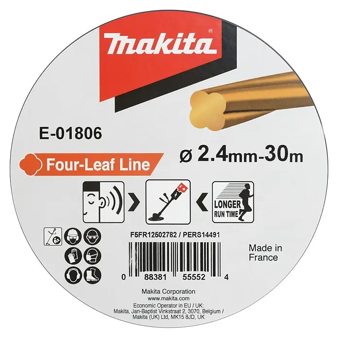 Makita Ersatzfaden Four-Leaf E-01806 - Fadenlänge: 30 m, Fadenstärke: 2,4 mm - Makita Trimmerfaden-Verpackung mit goldenem, kleeblattförmigem „Four-Leaf Line“ Faden, 2,4 mm Durchmesser, 30 m Länge.