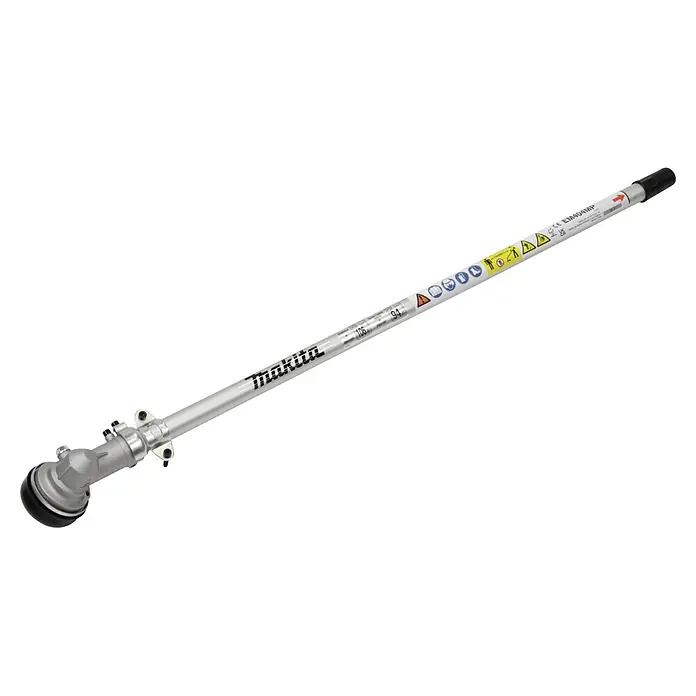 Makita Rasentrimmeraufsatz EM404MP - Passend für: 255 mm Kunststoff-Messerkopf 255 mm, 230 mm Metallschneideblatt oder 420 mm Fadenkopf - Silberner Makita Multitool-Schaft mit schwarzer Endkappe und Getriebegehäuse, mit Markenlogo und Warnsymbolen.