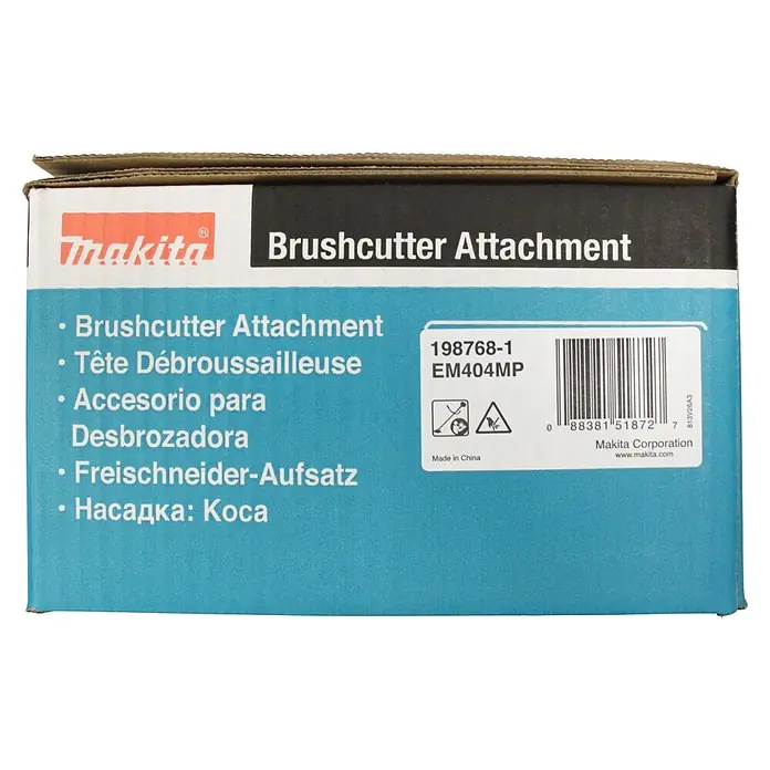 Makita Rasentrimmeraufsatz EM404MP - Passend für: 255 mm Kunststoff-Messerkopf 255 mm, 230 mm Metallschneideblatt oder 420 mm Fadenkopf - Makita Freischneider-Aufsatz in weiß-blauer Kartonverpackung mit Modellnummer und Barcode.