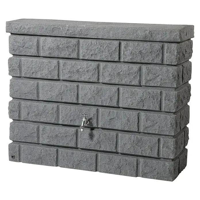 Garantia Exklusive Line Regenspeicher Rocky - 400 l, Darkgranite - Grauer Regenwassertank in Steinoptik mit Hahn, der eine elegante Möglichkeit bietet, Regenwasser im Garten zu sammeln.