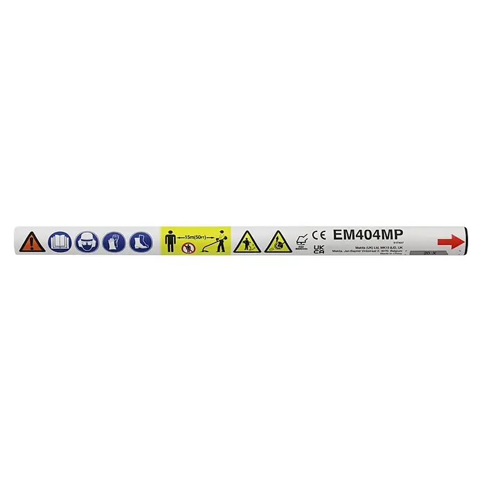 Makita Rasentrimmeraufsatz EM404MP - Passend für: 255 mm Kunststoff-Messerkopf 255 mm, 230 mm Metallschneideblatt oder 420 mm Fadenkopf - Makita EM404MP Produktetikett mit Sicherheitspiktogrammen für PSA, Sicherheitsabstand, herumfliegende Teile und max. Drehzahl, inkl. Herstellerdetails.