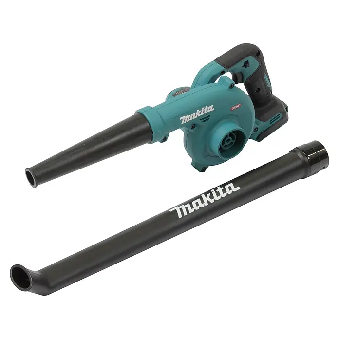 Makita XGT 40V max. Akku-Gebläse UB002GZ01 - 40 V, Ohne Akku, Blasgeschwindigkeit: 99 m/s - Türkis-schwarzer Makita Akku-Gebläse mit abgenommenem langen schwarzem Düsenaufsatz.