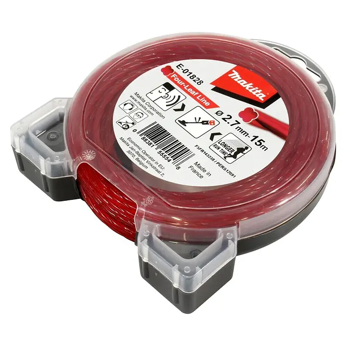 Makita Trimmerfaden Four-Leaf E-01828 - Fadenlänge: 15 m, Fadenstärke: 2,7 mm - Makita rote Four-Leaf Line Trimmerfadenspule, 2,7 mm Durchmesser und 15 m lang, für längere Laufzeit.