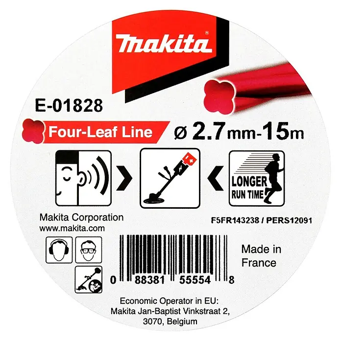 Makita Trimmerfaden Four-Leaf E-01828 - Fadenlänge: 15 m, Fadenstärke: 2,7 mm - Makita roter Vierblatt-Trimmerfaden, 2,7 mm Durchmesser, 15 m lang.