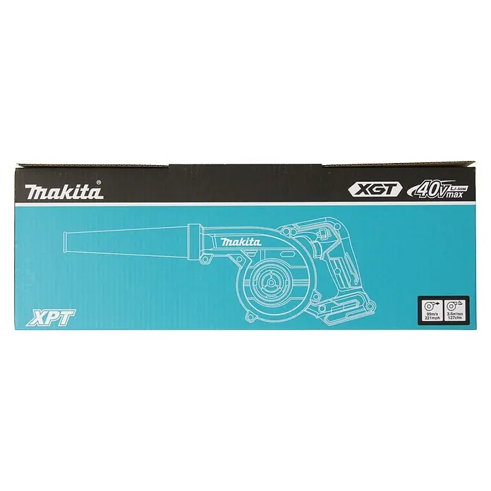 Makita XGT 40V max. Akku-Gebläse UB002GZ01 - 40 V, Ohne Akku, Blasgeschwindigkeit: 99 m/s - Makita XGT 40Vmax Li-ion Laubbläser Verpackung. Weiße Umrisszeichnung auf blau-schwarzem Karton mit Spezifikationen.