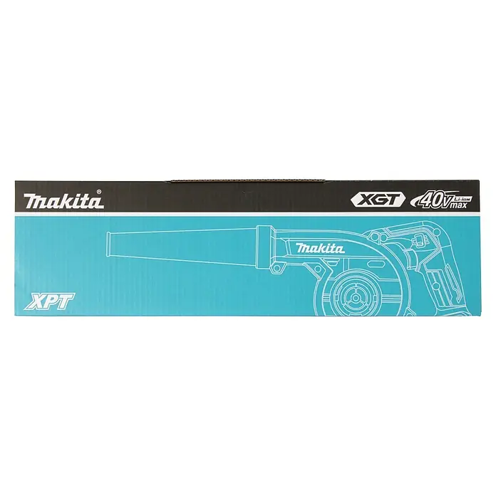 Makita XGT 40V max. Akku-Gebläse UB002GZ01 - 40 V, Ohne Akku, Blasgeschwindigkeit: 99 m/s - Makita Produktkarton, schwarz und blau, mit XGT 40Vmax Li-ion Logos und einer Umrisszeichnung eines Elektrowerkzeugs.
