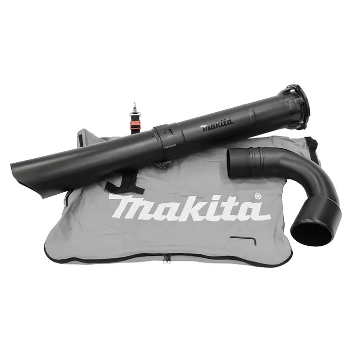 Makita XGT 40V max. Akku-Gebläse UB003GZ - 40 V, Ohne Akku, Blasgeschwindigkeit: 68 m/s - Schwarzes Makita Gebläse/Sauger-Set mit Rohr, Winkelverlängerung und grauem Fangbeutel.