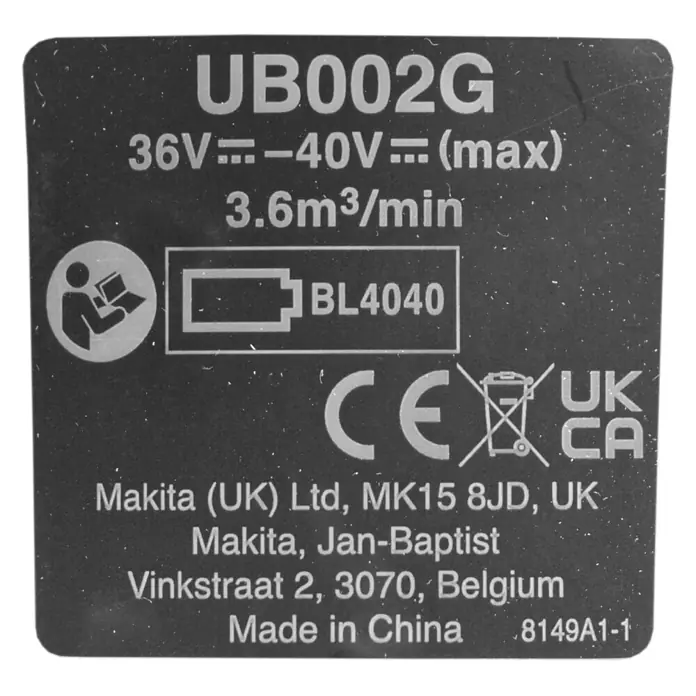 Makita XGT 40V max. Akku-Gebläse UB002GZ01 - 40 V, Ohne Akku, Blasgeschwindigkeit: 99 m/s - Produktschild für Makita UB002G, mit 36-40V, 3.6m³/min, BL4040 Akku-Kompatibilität und Herstellerangaben.