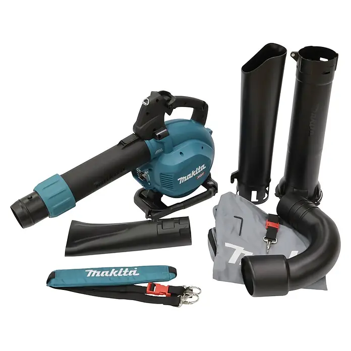 Makita XGT 40V max. Akku-Gebläse UB003GZ - 40 V, Ohne Akku, Blasgeschwindigkeit: 68 m/s - Türkis-schwarzer Makita Laubbläser mit Zubehör: Düsen, Saugrohre, Fangbeutel und Schultergurt.