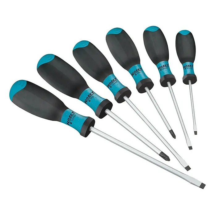 Hazet Schraubendreher-Set 810SPC/6 - 6 -tlg. - Satz Hazet Schraubendreher mit blau/schwarzen Griffen. Das Set enthält Schlitz- und Kreuzschlitzschraubendreher in verschiedenen Größen.