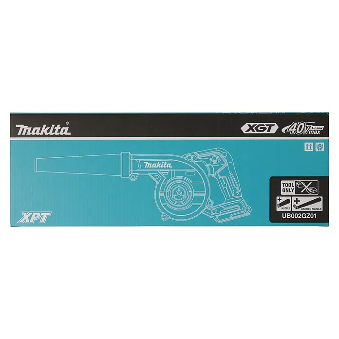 Makita XGT 40V max. Akku-Gebläse UB002GZ01 - 40 V, Ohne Akku, Blasgeschwindigkeit: 99 m/s - Makita UB002GZ01 XGT 40V max Akku-Gebläsekarton in Hellblau und Schwarz mit einer Umrisszeichnung des Werkzeugs und der Düsen.