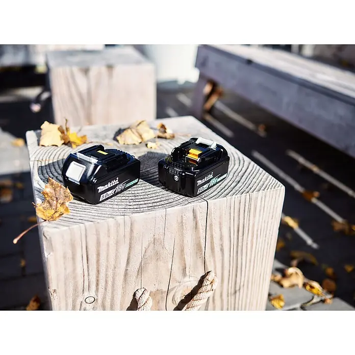 Makita LXT 18V Akku & Ladegerät Power Source-Kit - 18 V, 2 Akkus - Zwei schwarze Makita 18V 5.0Ah Lithium-Ionen-Akkus liegen auf einem verwitterten Holzpfosten, umgeben von Herbstblättern.