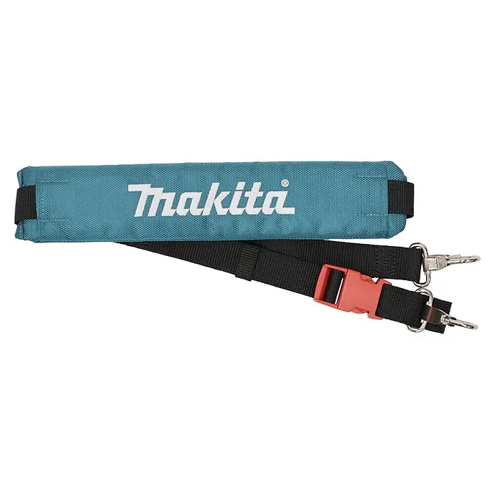Makita XGT 40V max. Akku-Gebläse UB003GZ - 40 V, Ohne Akku, Blasgeschwindigkeit: 68 m/s - Gepolsterter blauer Makita Schultergurt mit schwarzem Gurtband, rotem Schnellverschluss und zwei silbernen Metall-Karabinern zur sicheren Befestigung.