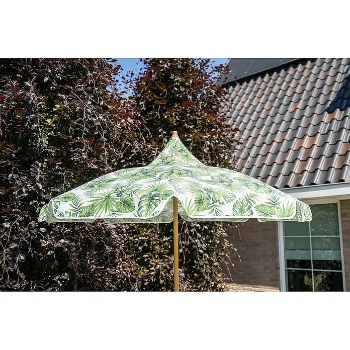 Garden Impressions Marktschirm rund Aloha - Grün/Blättermotiv, Durchmesser Bespannung: 200 cm - Weißer Sonnenschirm mit grünem Tropenblattmuster, Muschelsaum und Holzstange.