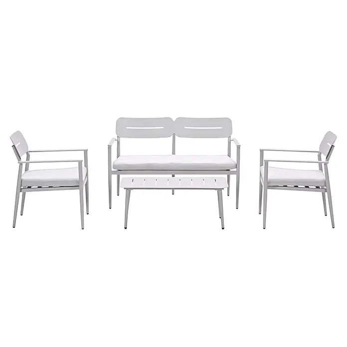 Garden Impressions Loungemöbel-Set Morella - 4 -tlg., Aluminium, Weiß - Weißes Outdoor-Sitzset aus Metall mit zwei Sesseln, einer Zweisitzerbank und einem kleinen Tisch mit Kissen.